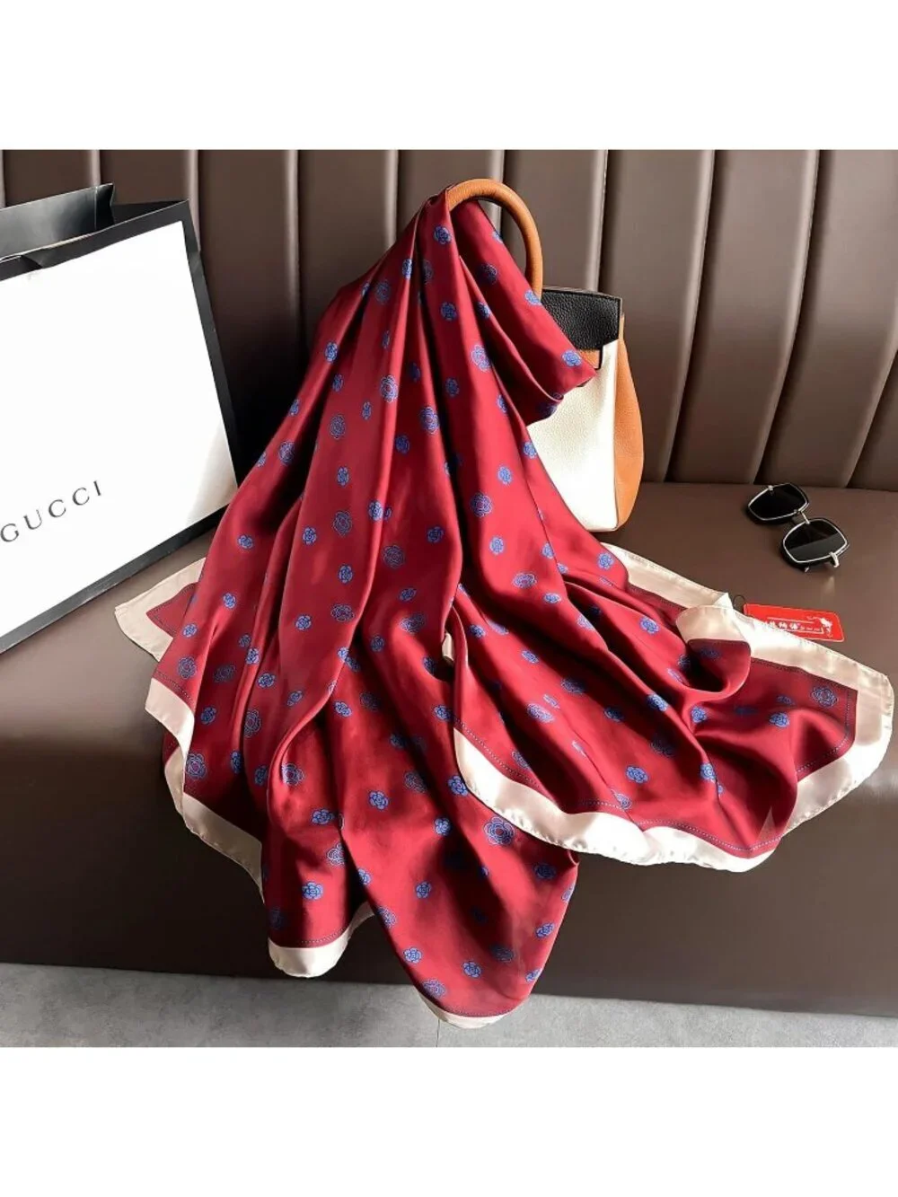 Women's Silk Red Lightweight Silk Scarves Flower Print Head Cotton Wrap Scarf